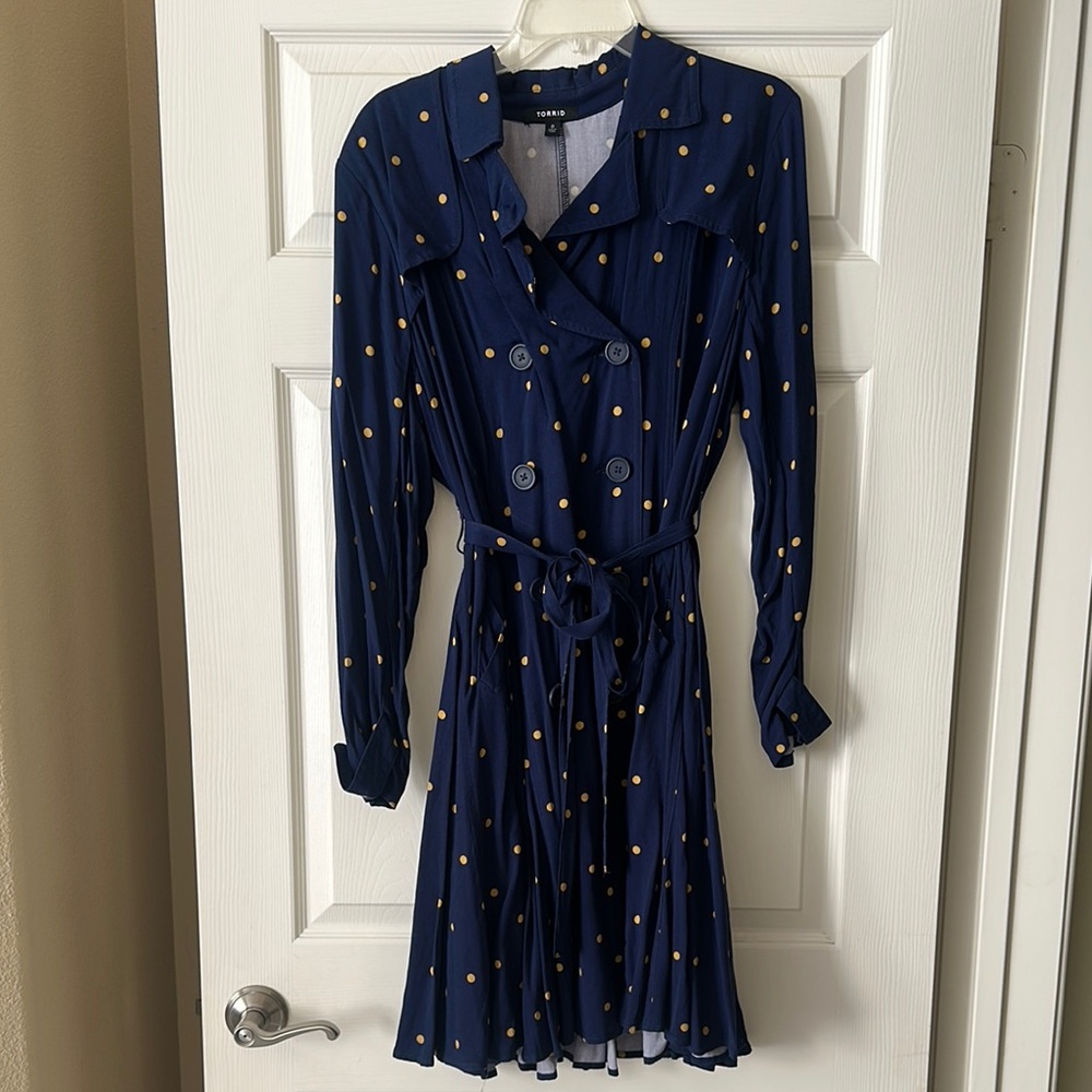 Torrid Blue & Yellow Polka Dot Pleated Wrap Dress with Notched Collar
